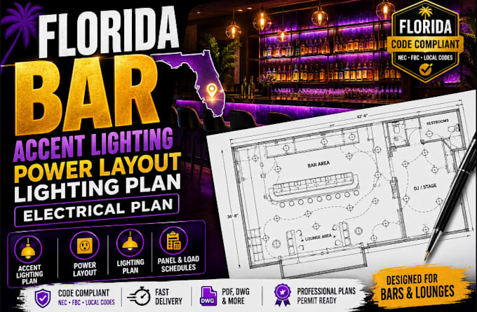 prepare florida bar accent lighting power layout,  lighting plan electrical plan