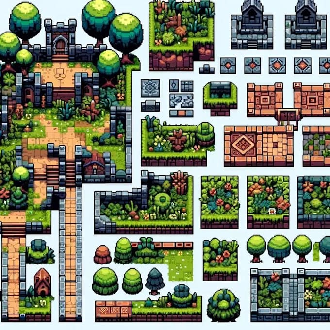 pixel art game assets tileset pixel background UI icons and objects
