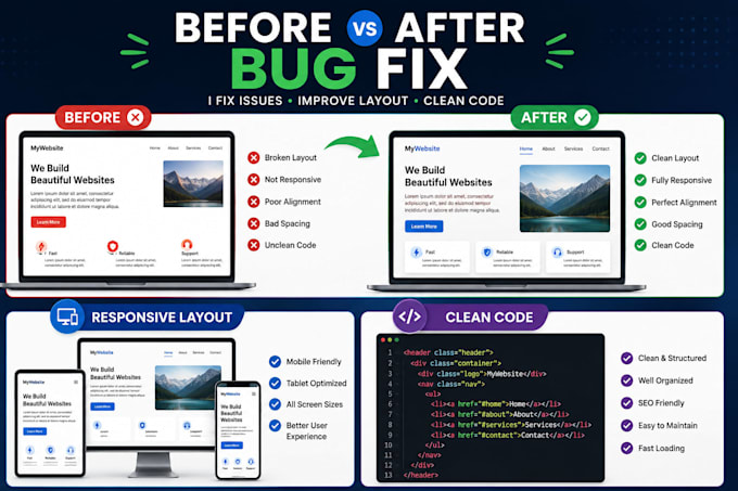 fix HTML CSS javascript bugs and responsive website issues