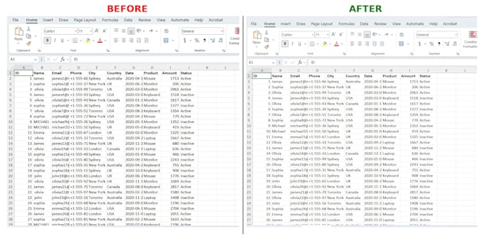 clean, format, merge, split excel data