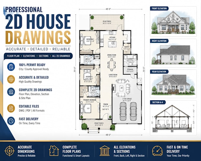 design professional house plans with floor plans, elevations and sections