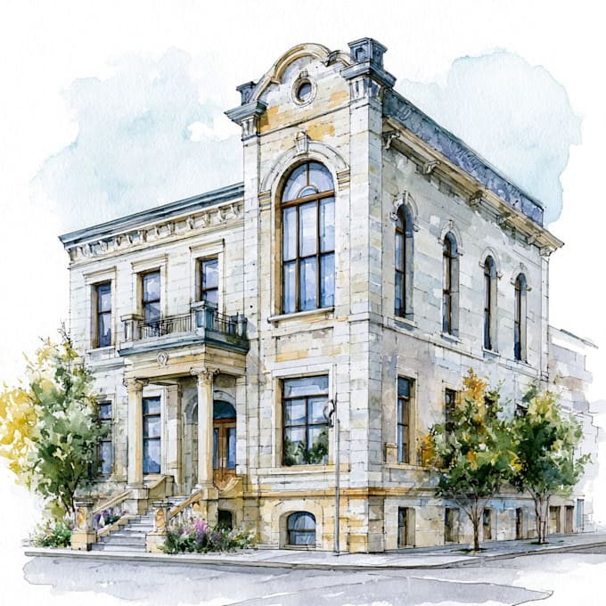 sketch architecture building with watercolor rendering
