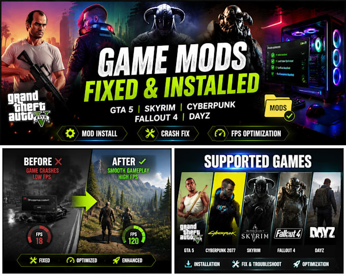 create install fix optimize gta 5 skyrim fallout 4 cyberpunk 2077 mods fivem