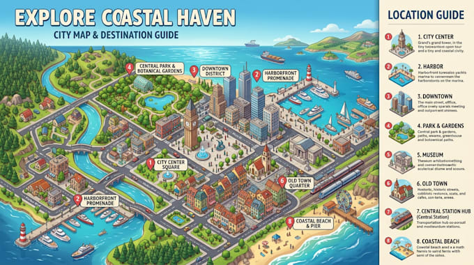 custom 3d isometric city map, destination guide, and location illustration