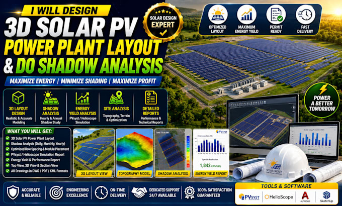 design 3d solar pv power plant layout and do shadow analysis