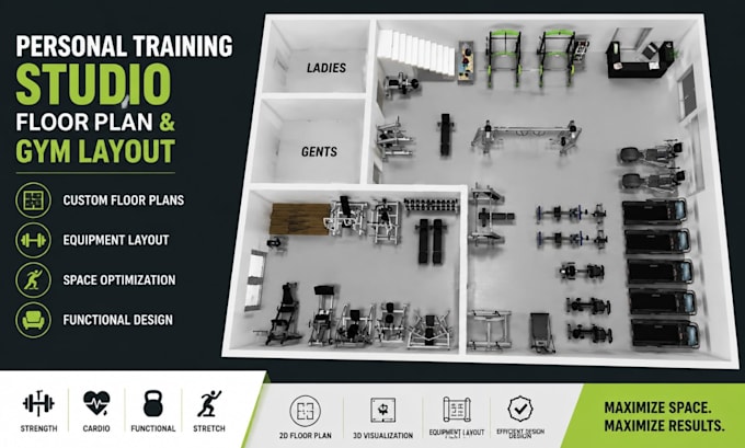 design personal training gym floor plan, studio layout and interior design