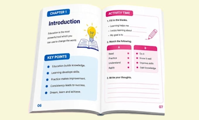 format and design educational textbook, workbook, manuscript and activity book