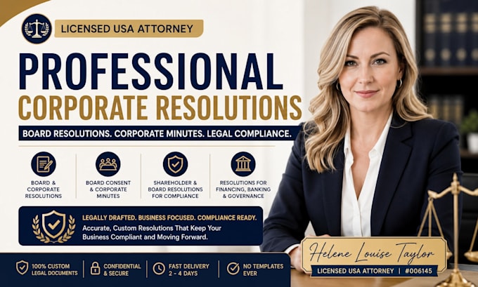 draft corporate resolutions for financing, banking, and governance