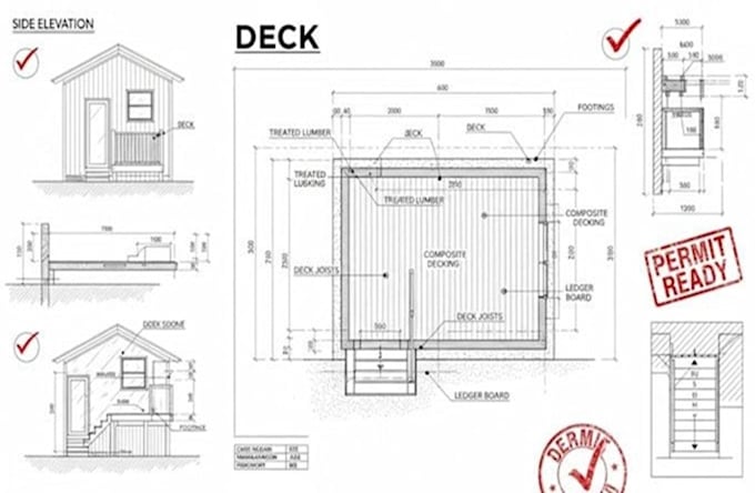 provide deck permit drawing, patio plan, pergola design, autocad blueprint set