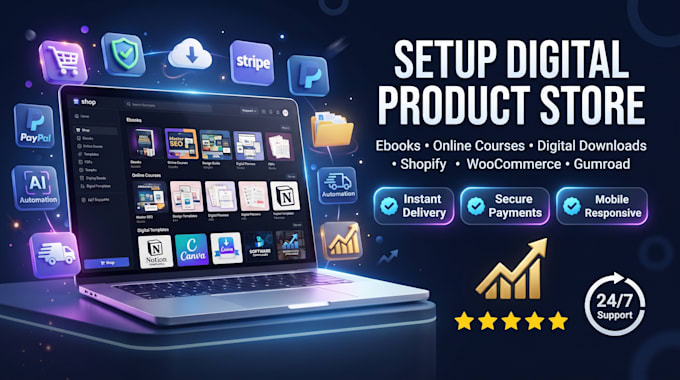 setup digital product store, ebook shop, course website online download