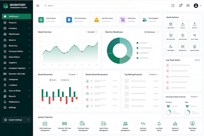 custom inventory management system with warehouse stock and barcode tracking