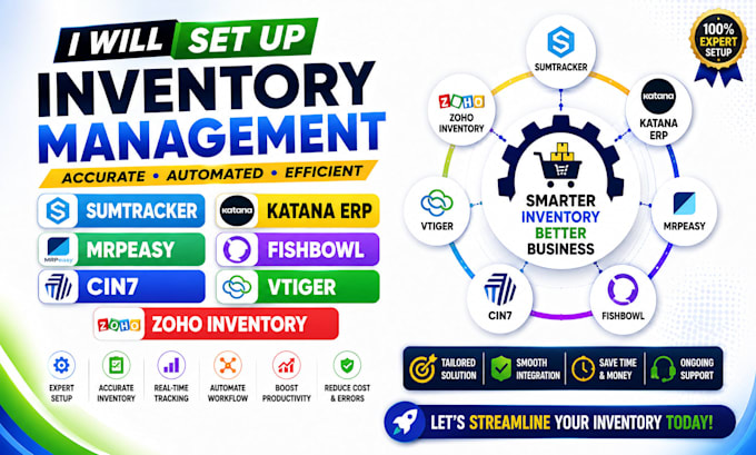set up sumtracker, katana erp, mrpeasy, fishbowl, cin7, vtiger, zoho inventory