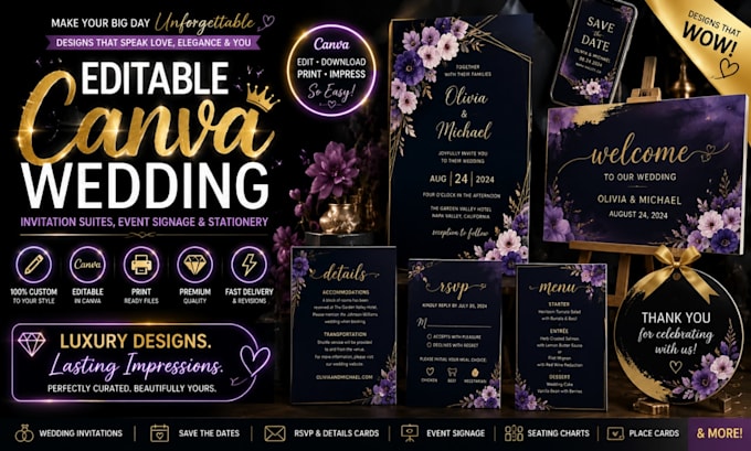 design editable canva wedding invitation suites,event signage,stationery