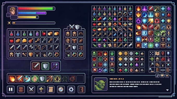 design custom pixel art UI, hud, icons, and game interface