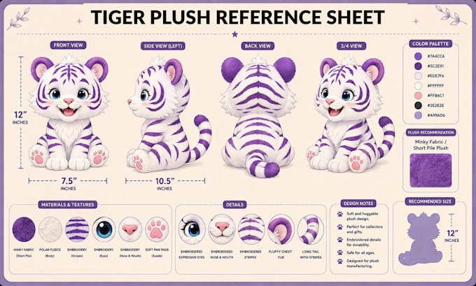 design a professional plush toy reference sheet for manufacturing