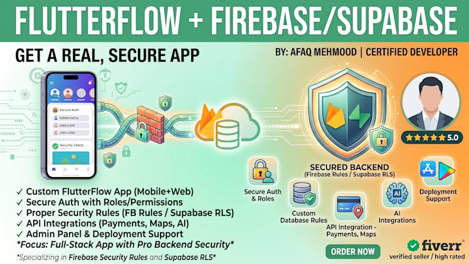 build your flutterflow app with secure firebase or supabase backend