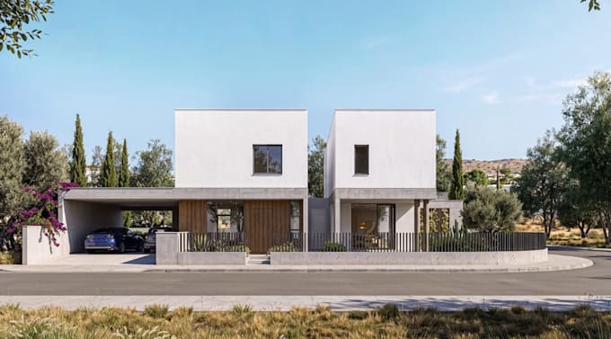 modernize mediterranean villa, render front elevation, concrete house,cgi render