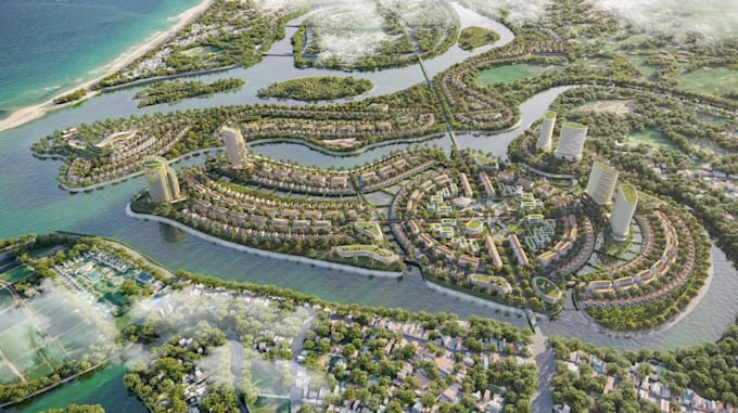 render 3d waterfront urban planning, coastal development, masterplan aerial view