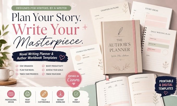 novel writing planner template printable author  book workbook hardcover
