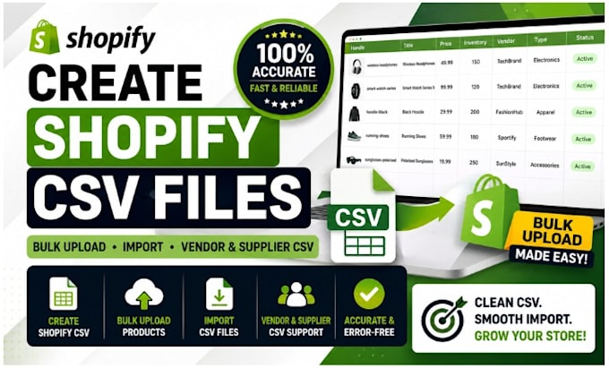 create shopify CSV files, bulk products upload, import vendor supplier CSV files