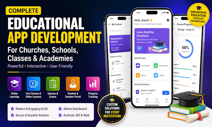 develop complete educational apps for church, schools, classes and academies