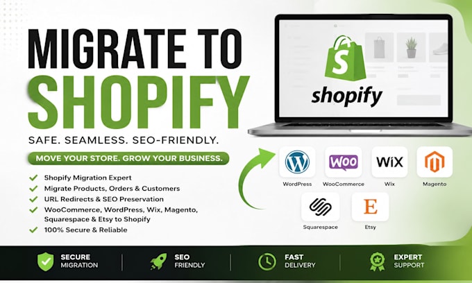 migrate ecommerce platform woocommerce wix wordpress magento website to shopify