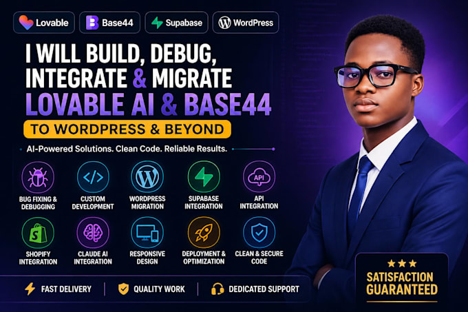 develop, debug, and migrate base44 and lovable ai website, wordpress migration