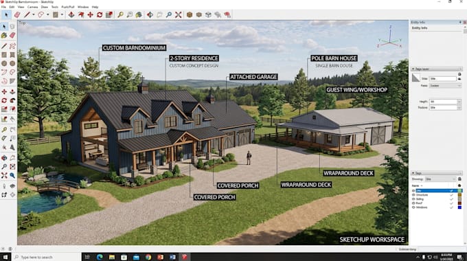 design custom barndominium and pole barn house plans with realistic 3d rendering