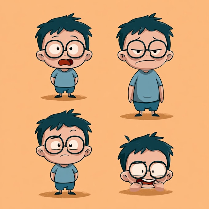 draw simple cute 2d vector cartoon in multiple emotions