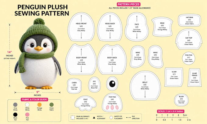 create a custom plush sewing pattern for plush toys, stuffed animals and mascots