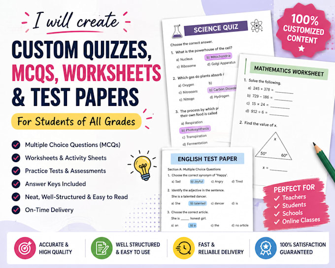 create professional quizzes, mcqs, worksheets and test papers for students