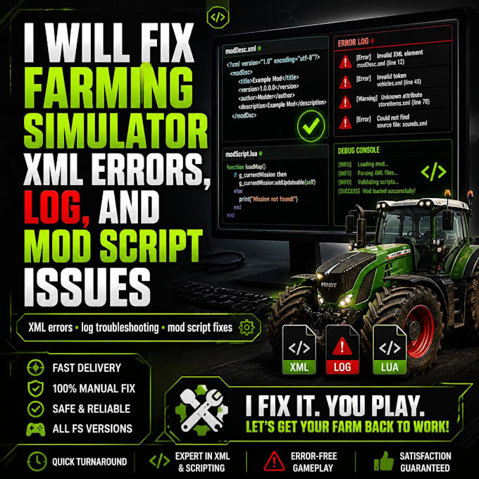 fix farming simulator XML errors log and mod script issues