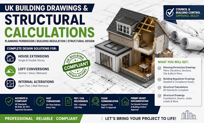 draw UK planning permission, building regulation and structural drawings