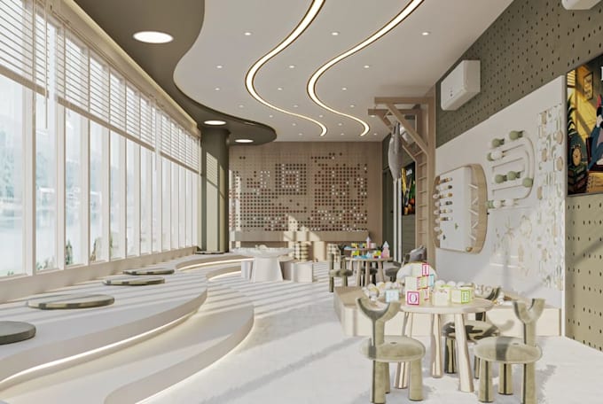 render3d indoor playground,kids activity room,daycare design,wall panel,ball pit