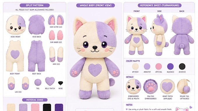 draw custom plush toy reference sheet and stuffed animal design