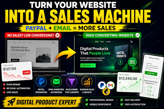 create or redesign digital product website paypal sales funnel email campaign