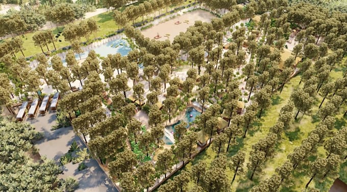 3d landscape design, resort visualization, site plan and master plan rendering