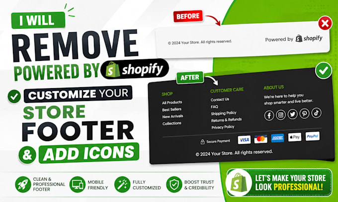 remove powered by shopify, customize your store footer and add icons