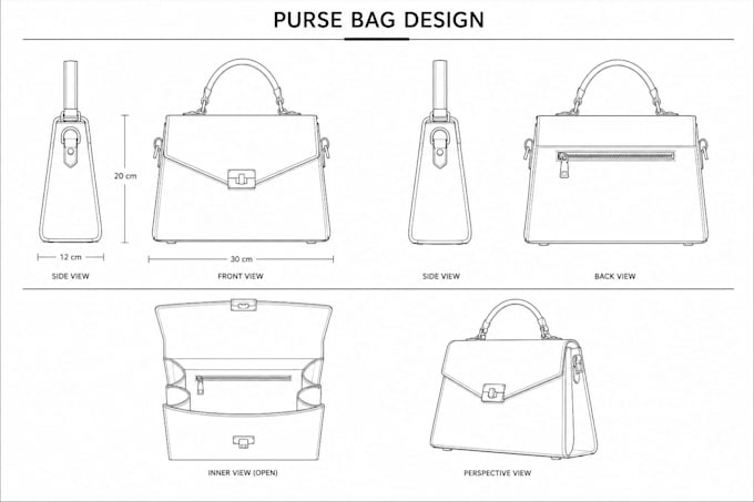 womens luxury handbag tech pack, flatsketch concept and handbag wallet pattern