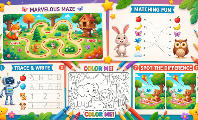 design children activity book worksheets coloring book and puzzles