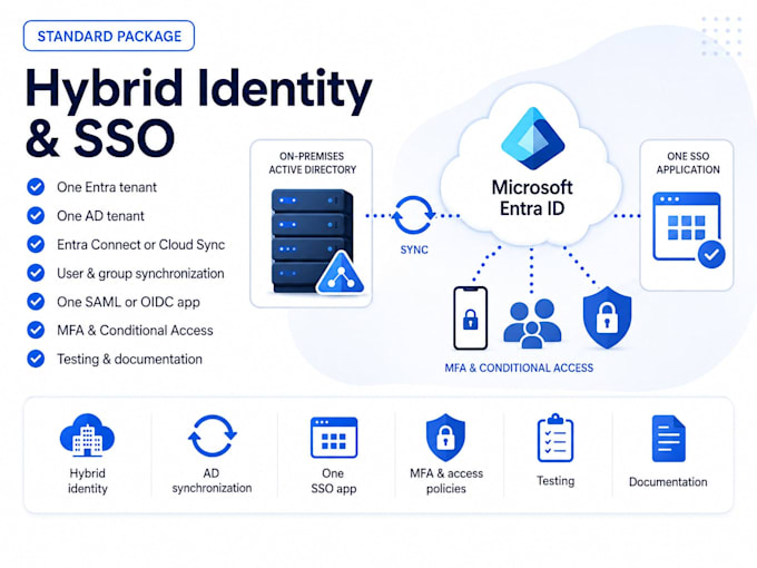 configure microsoft entra id, hybrid identity, sso and mfa