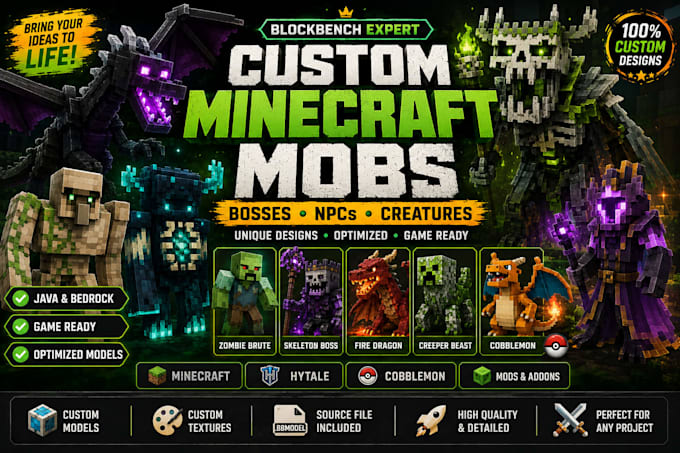 create custom minecraft mobs, bosses, npcs and blockbench creatures