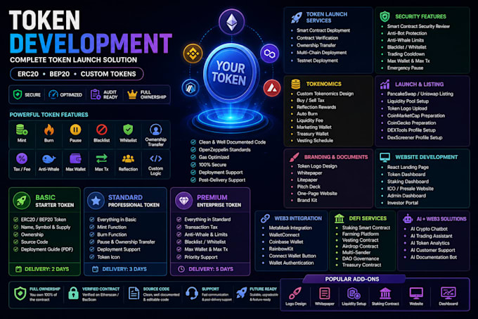 develop custom crypto token erc20, bp20 with smart contract
