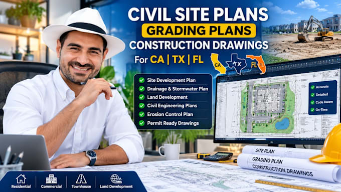 create civil site plans grading plans and construction drawings for ca, tx, fl