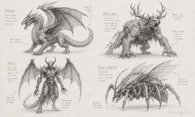 create detailed creature and monster pencil sketches