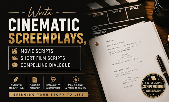 write cinematic screenplays, movie scripts, short film scripts, and dialogue