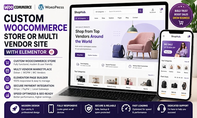 develop a custom woocommerce wordpress store or multi vendor site with elementor