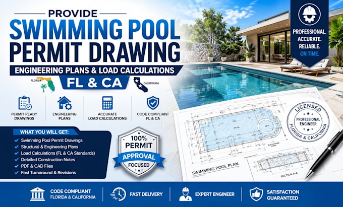 provide swimming pool permit drawing, engineering plans, load calculations fl ca