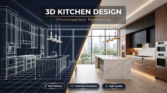 design luxury 3d kitchen interior and create photorealistic kitchen rendering