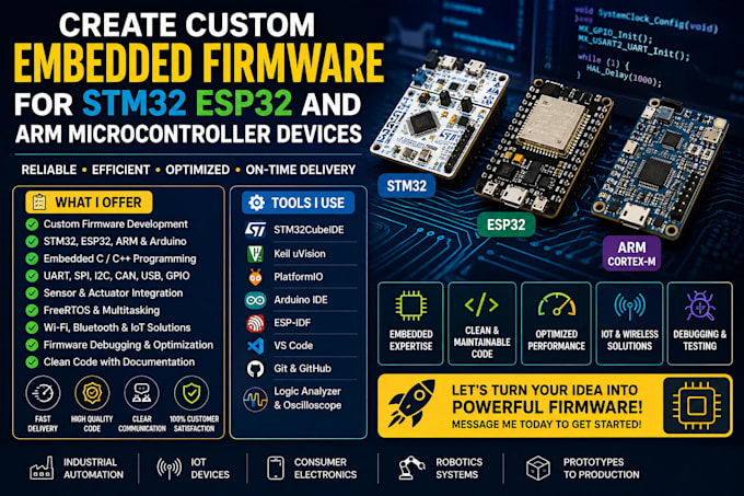 create custom embedded firmware for stm32, esp32, and arm microcontroller device